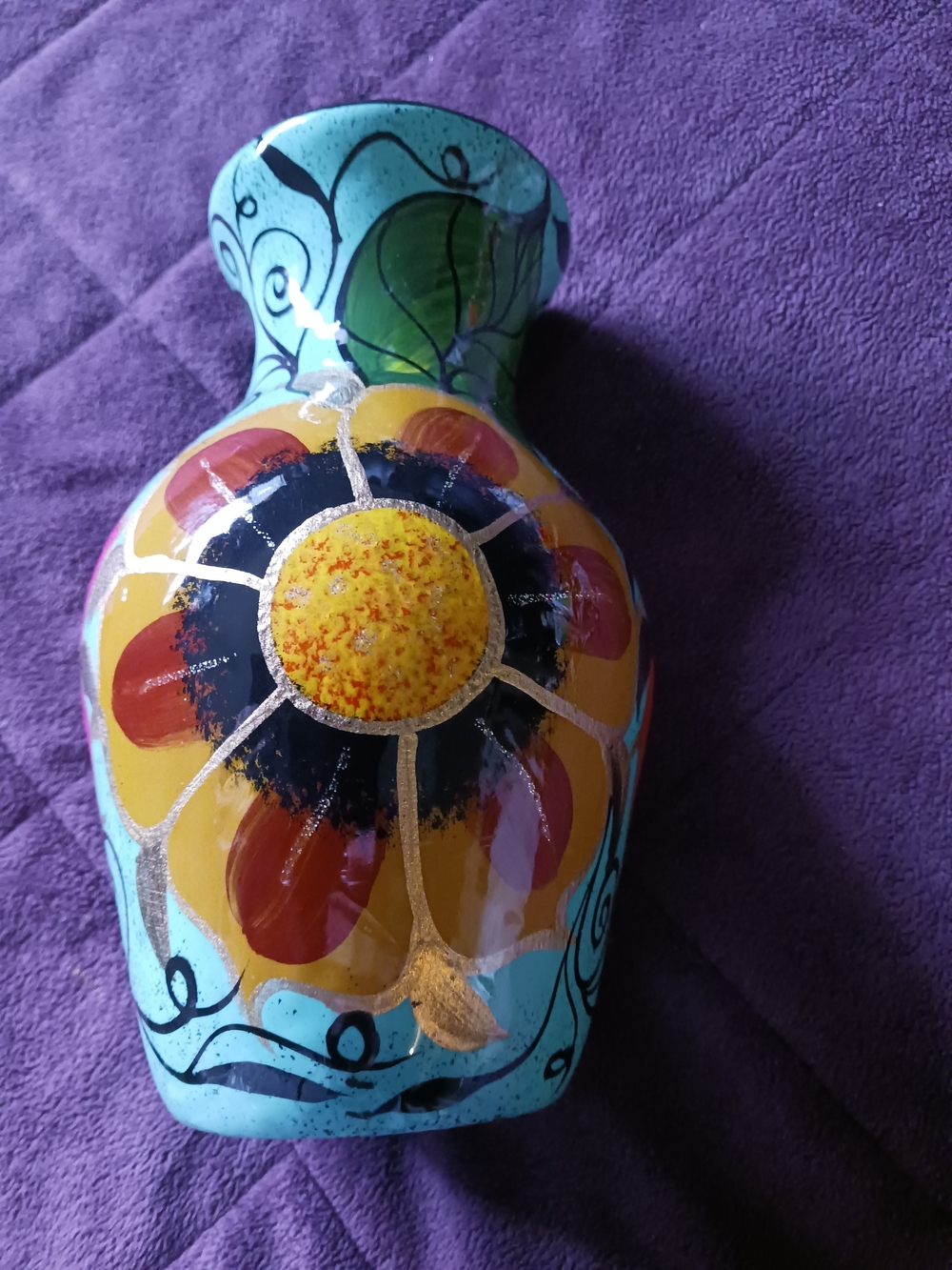 Mexican Hand-Painted Floral Ceramic Vase - Turquoise & Yellow